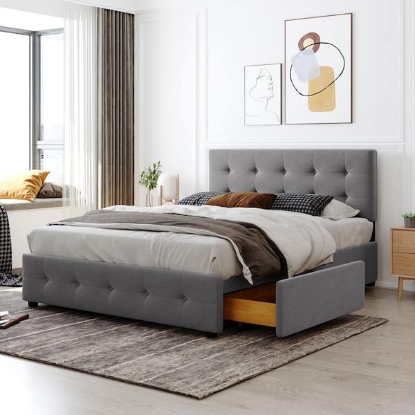 Light Gray Platform Bed Linen Fabric Button Tufting 4 Storage Drawers