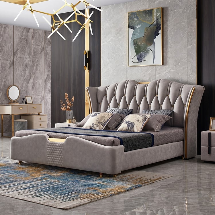 Light Gray Platform Bed Scalloped Wingback With Gold Trim Detail