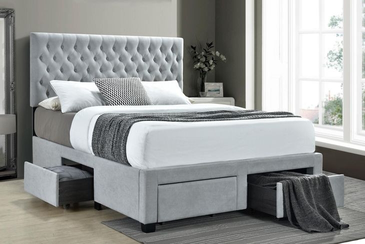 Light Gray Storage Bed Diamond Tufted Integrated Drawers