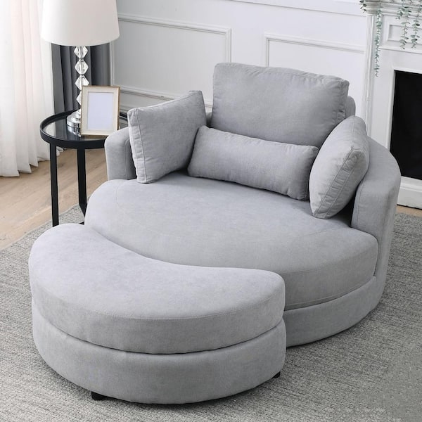 Light Gray Swivel Accent Chair with Matching Curved Storage Ottoman