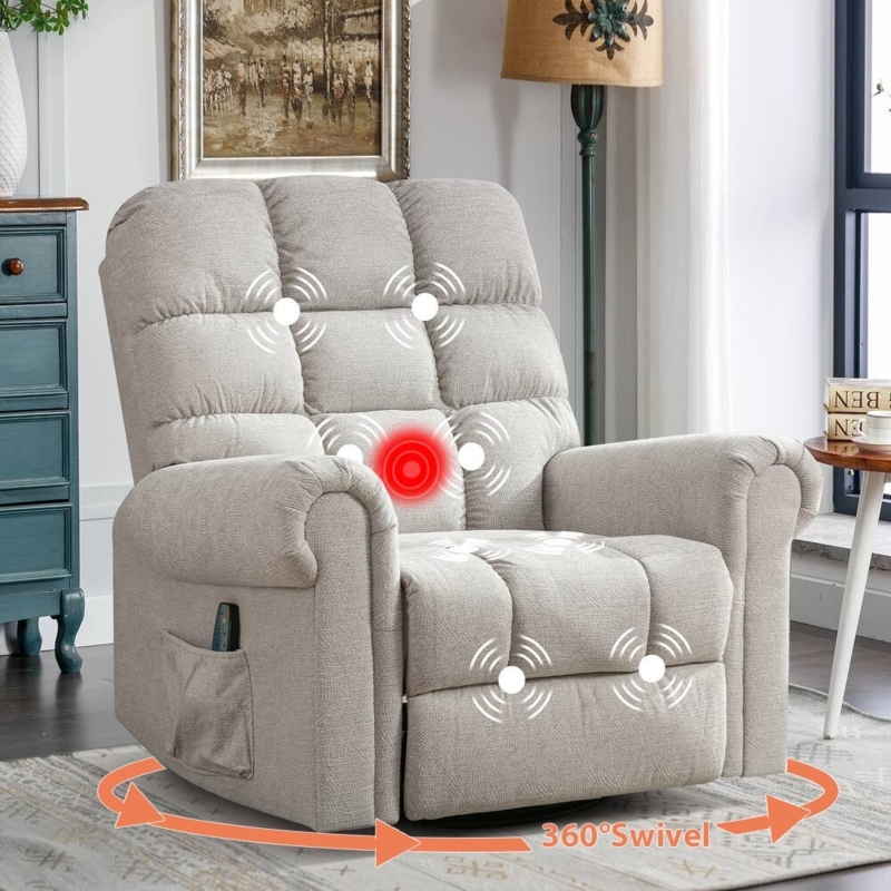 Light Gray Swivel Rocker Recliner with Massage Heat and Side Pocket
