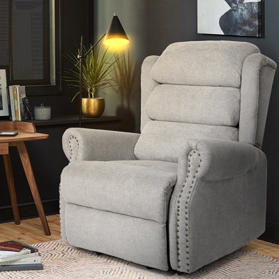 Light Grey Lift Assist Recliner with Nailhead Trim. A Transitional Lift Chair.