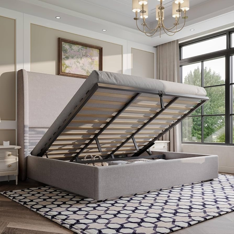 Light Grey Storage Bed Hydraulic Lift Wingback Headboard