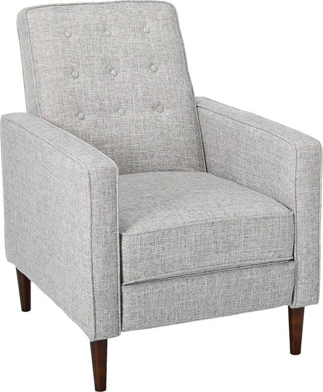 Light Grey Tweed Recliner with Button Tufted Back and Tapered Legs