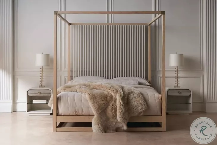 Light Oak Canopy Bed with Pinstripe Ribbed Headboard and Modern Style