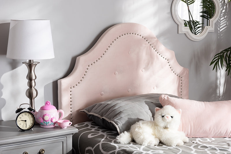 Light Pink Velvet Headboard Scalloped Silhouette Nailhead Trim