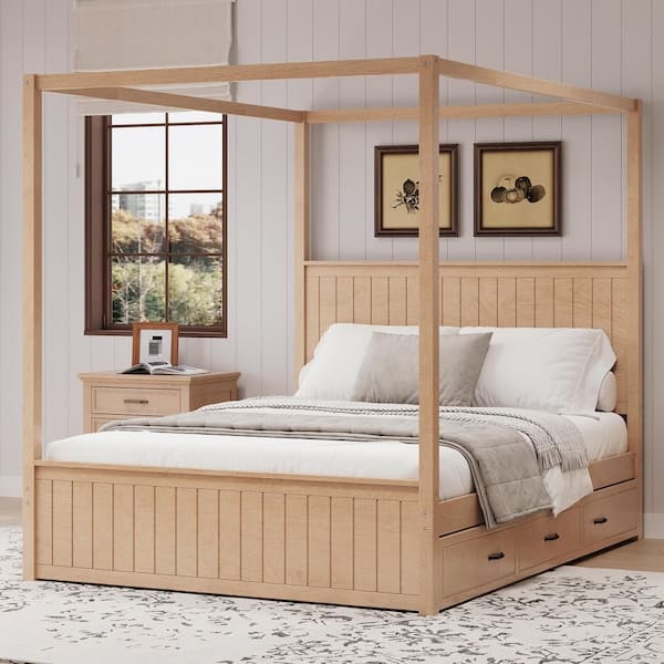 Light Wood Canopy Bed with Trundle and Paneled Headboard