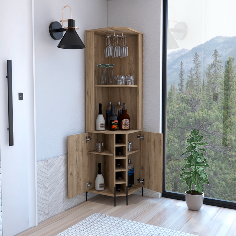 Light Wood Corner Bar Cabinet with Central Wine Rack