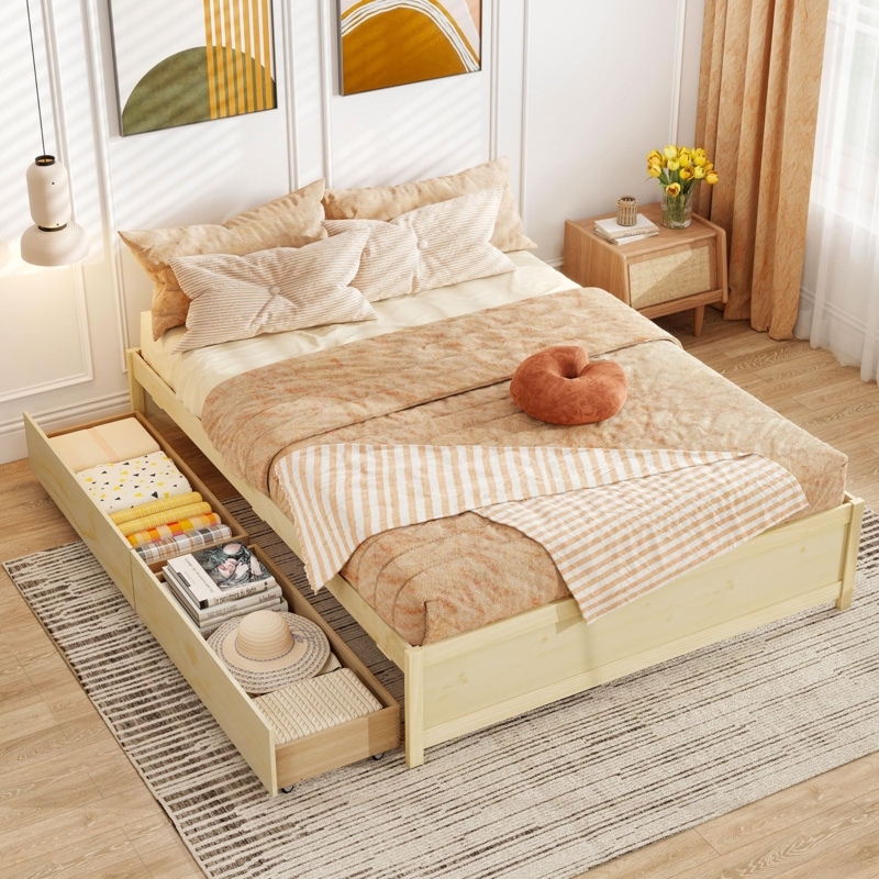 Light Wood Platform Bed featuring Underbed Storage Drawers on Casters.