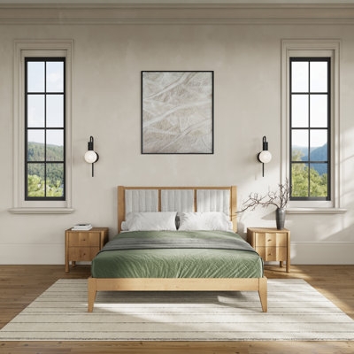 Light Wood Platform Bed with Paneled Headboard Scandinavian Design