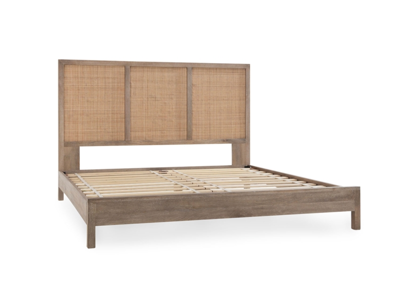 Light Wood Platform Bed with Tripartite Rattan Headboard Panels