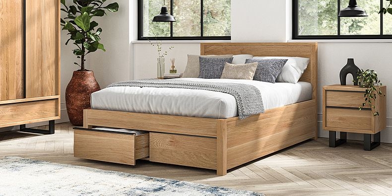 Light Wood Storage Bed with Single Underbed Drawer and Matte Finish.