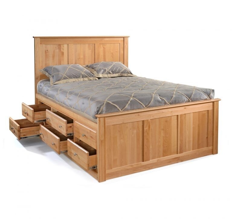 Light Wood Storage Bed with Tiered Drawers and Flat Panel Headboard