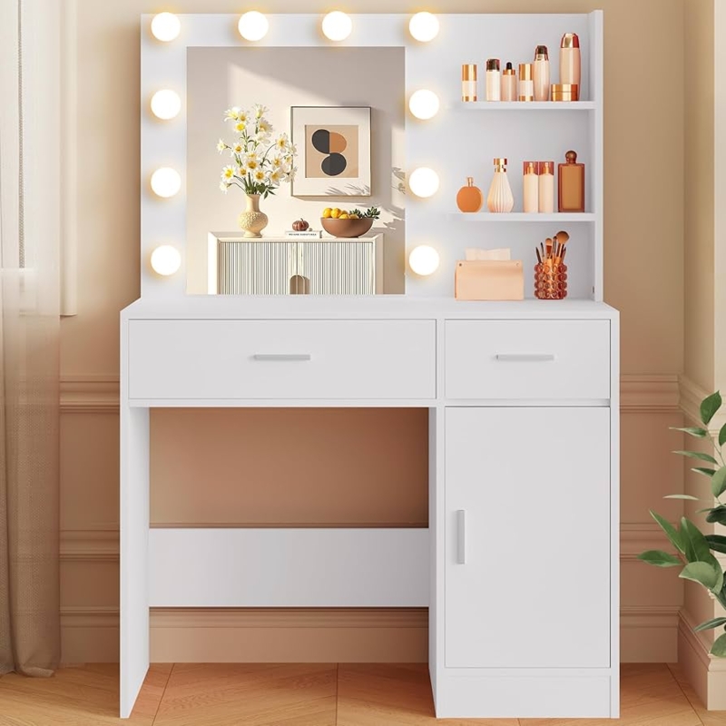 Lighted Makeup Vanity with Ten-Bulb Hollywood Mirror & Asymmetric Shelves