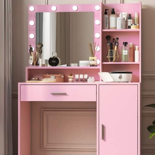Lighted Vanity Desk with Tiered Shelving and Storage Cabinet, Pink
