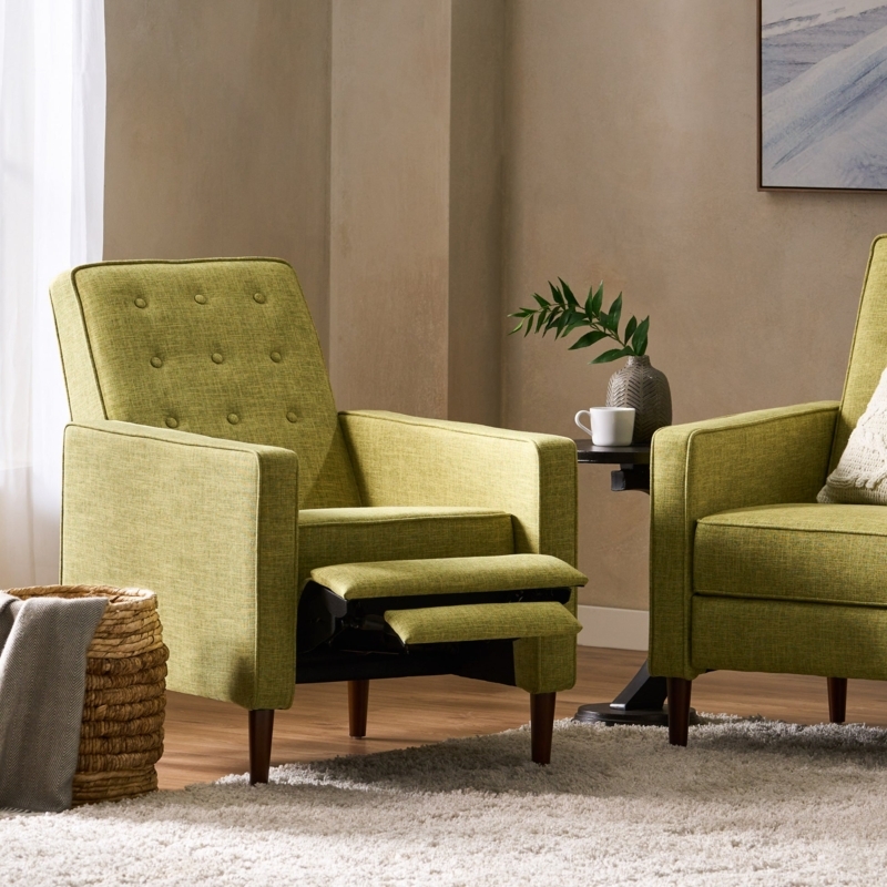 Lime Green Fabric Recliner with Button Tufting and Tapered Legs