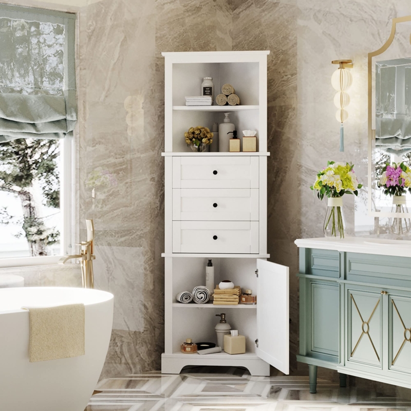 Linen Cabinet White Corner Silhouette & Three Drawer Storage
