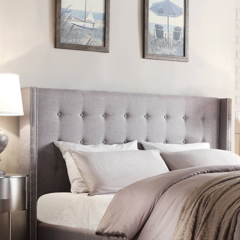 Linen-Like Tufted Wingback Headboard with Nailhead Trim and Transitional Style