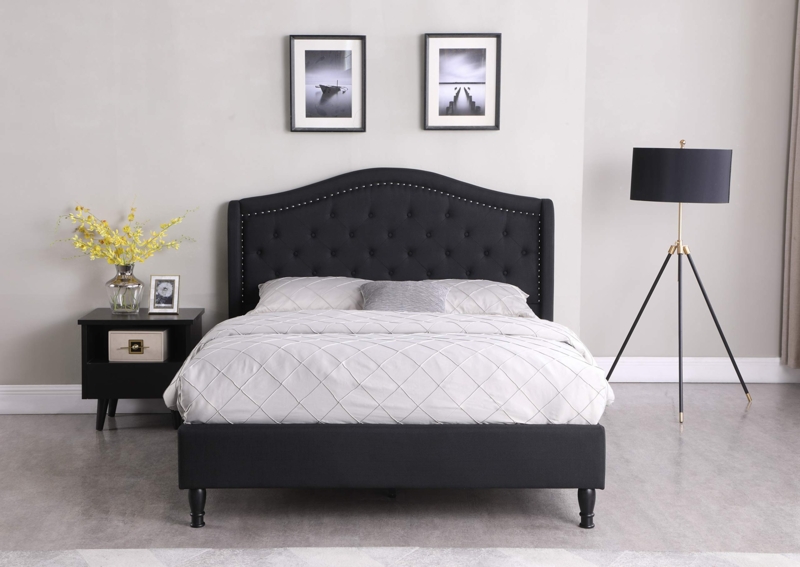 Linen Look Bed Curved Headboard Diamond Tufted Silver Nailhead Trim Dark