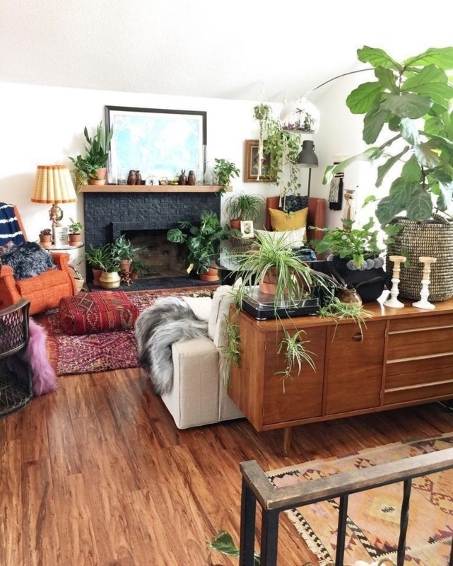 Living Room Decor Black Brick Fireplace Maximalist Plant Styling Boho (75)