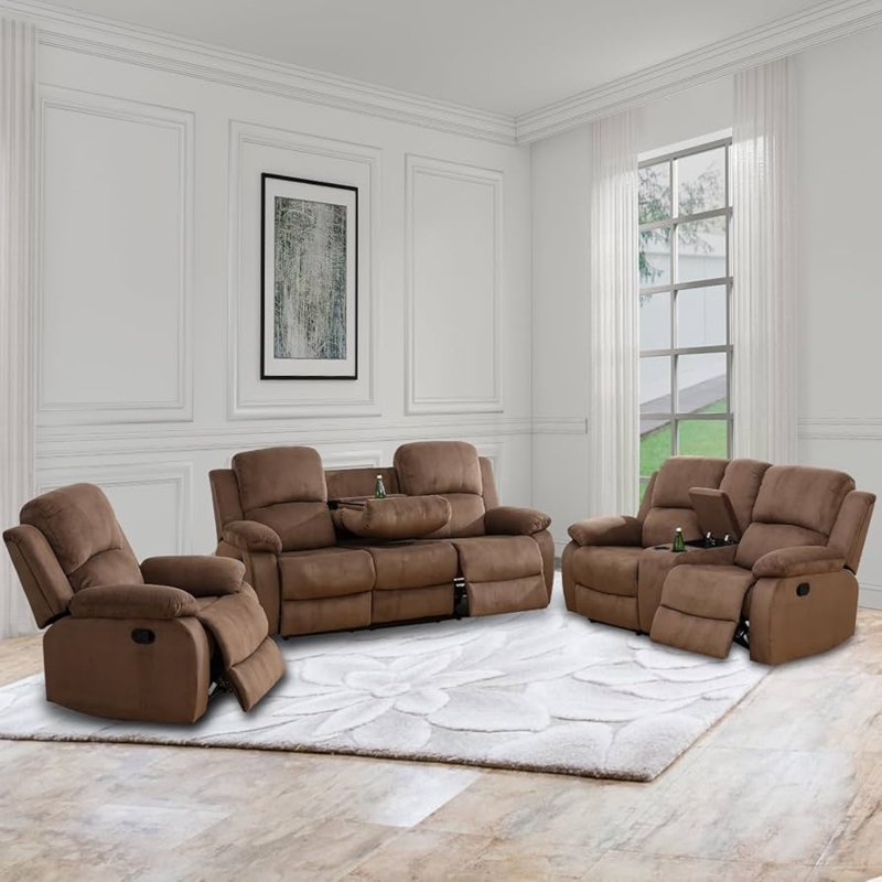 Living Room Set Brown Corduroy Manual Reclining 3 Piece Plush Seating
