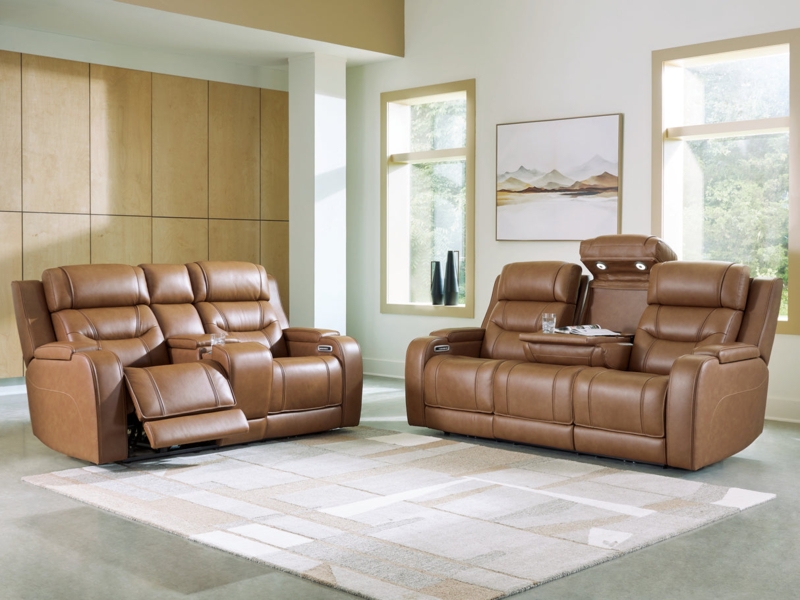 Living Room Set Caramel Power Reclining with Integrated LED Lighting