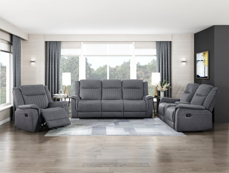 Living Room Set Charcoal Channeled Back Manual Motion Console