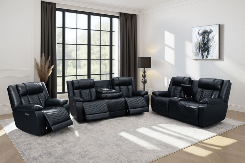 Living Room Set Chevron Stitching Power Reclining Black 3-Piece