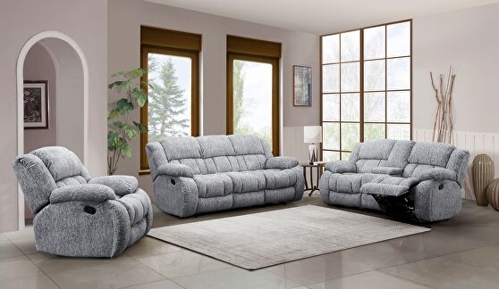 Living Room Set Heathered Gray Channeled Back Manual Console