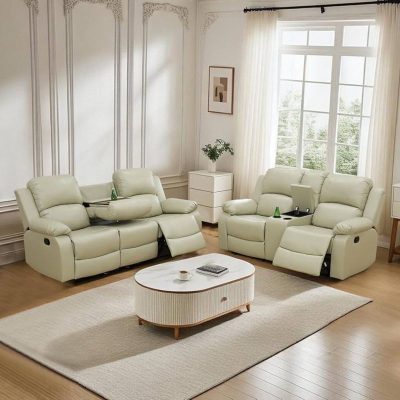 Living Room Set Integrated Consoles Cup Holders Leather Like Cream