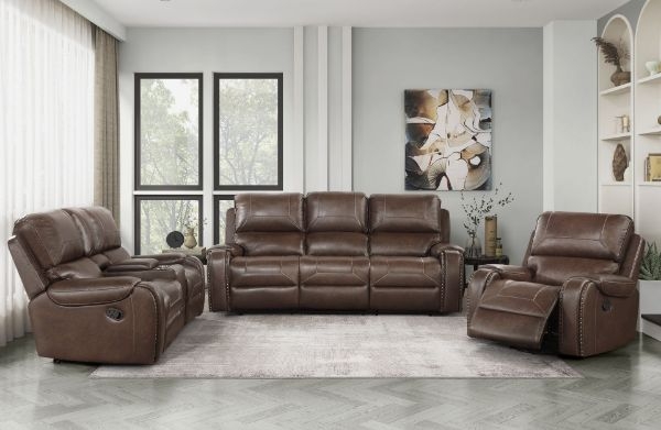 Living Room Set Leather-Like Manual Recline Nailhead Trim Traditional