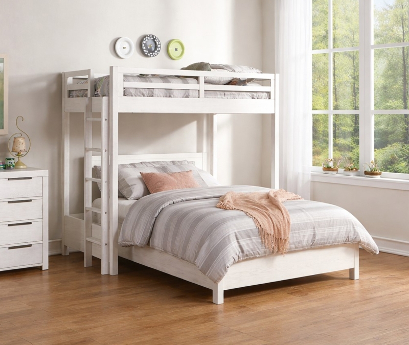 Loft Bed Twin Over Queen with Storage Stairs and Weathered White Finish