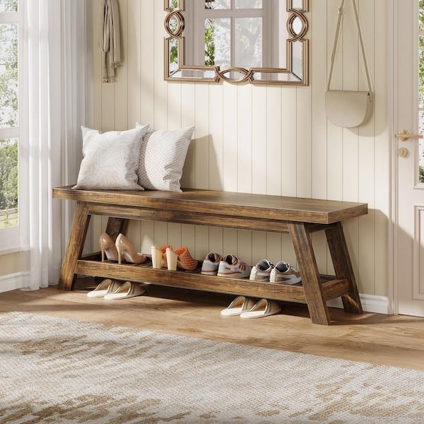Long Walnut Entryway Bench with Integrated Shoe Shelf