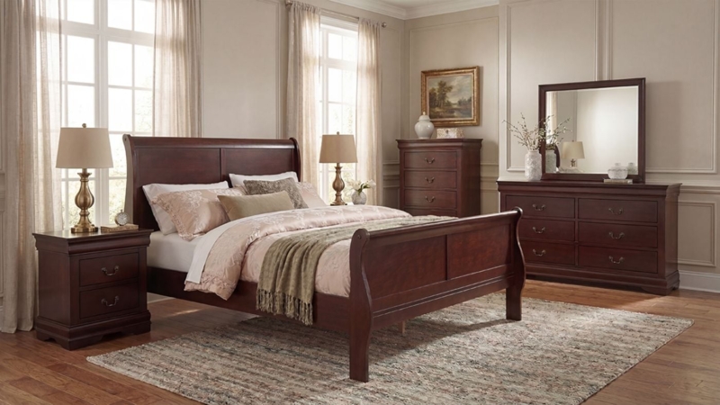 Louis Philippe Sleigh Bed Set in Dark Cherry Finish with Bracket Feet