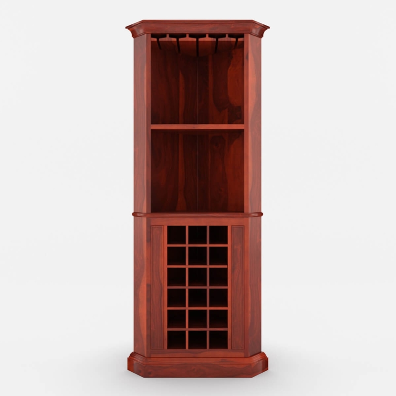 Louis Rustic Solid Wood Tall Corner Bar Cabinet With Wine Rack