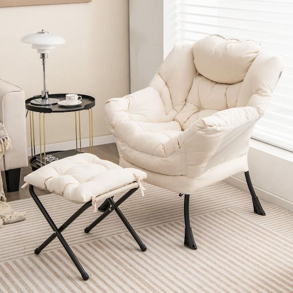 Lounge Chair Plush Tufting Beige Fabric with High Back and Metal Legs
