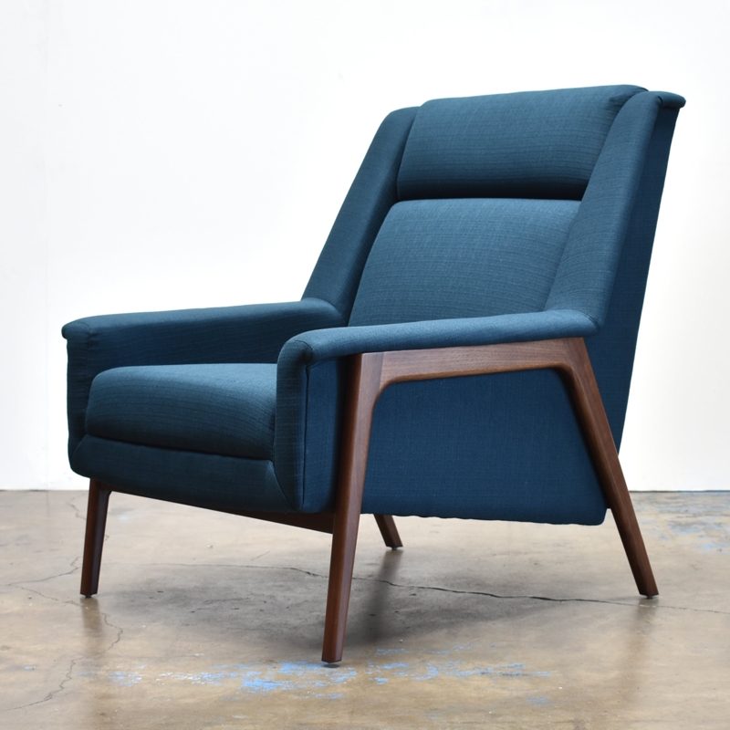 Lounge Chair, Sculptural Wood Frame, Teal. Mid-Century Modern Accent Chair.