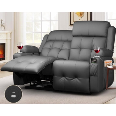 Loveseat Recliner Integrated Cup Holders Charcoal Grey USB Power