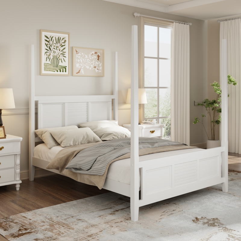 Low Profile Canopy Bed with Slatted Headboard & Platform Base
