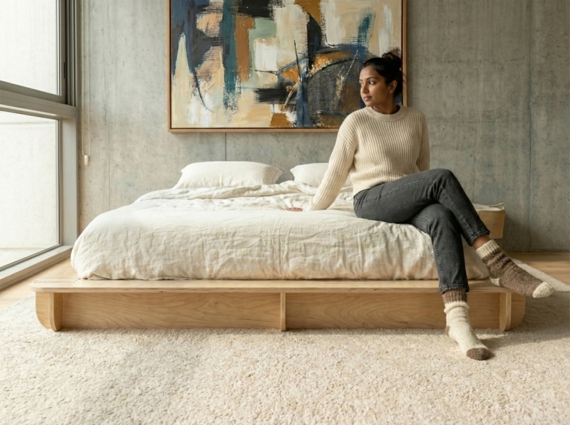 Low Profile Japandi Platform Bed Light Wood Recessed Base