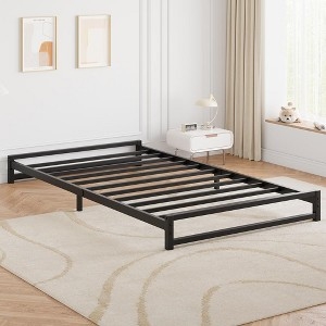 Low Profile Platform Bed Frame Black Metal Slats, Minimalist Foundation.