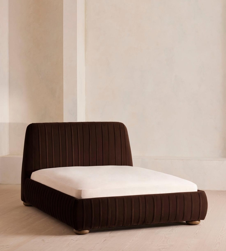 Low Profile Platform Bed in Chocolate Velvet with Vertical Channeling