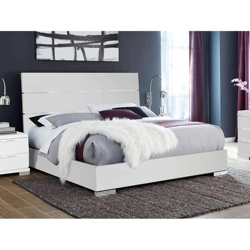 Low Profile Platform Bed, Silver Inlays, Modern Paneled Headboard