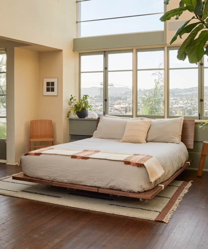 Low Profile Platform Bed with Minimalist Wood Headboard, Modern Style