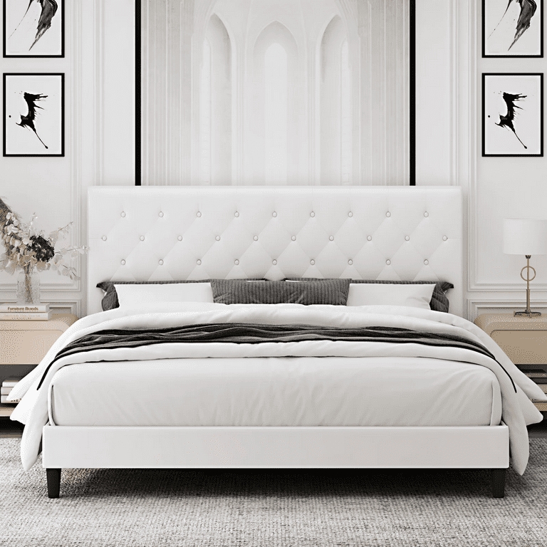 Low Profile Platform Bed with White Faux Leather Button Tufting