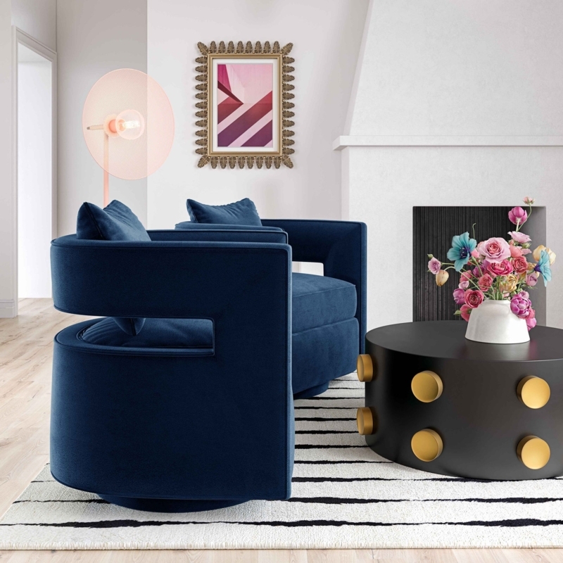 Low Profile Swivel Chair, Navy Velvet Barrel with Open Back