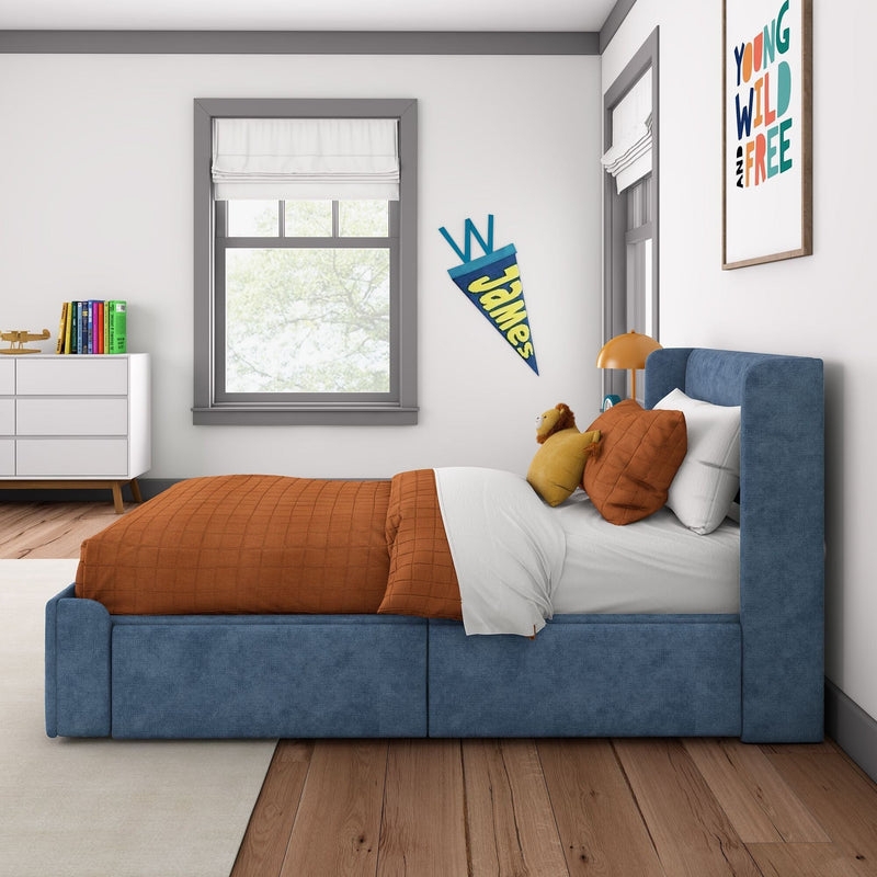 Low Profile Twin Bed Frame Blue Upholstered For Kids Room