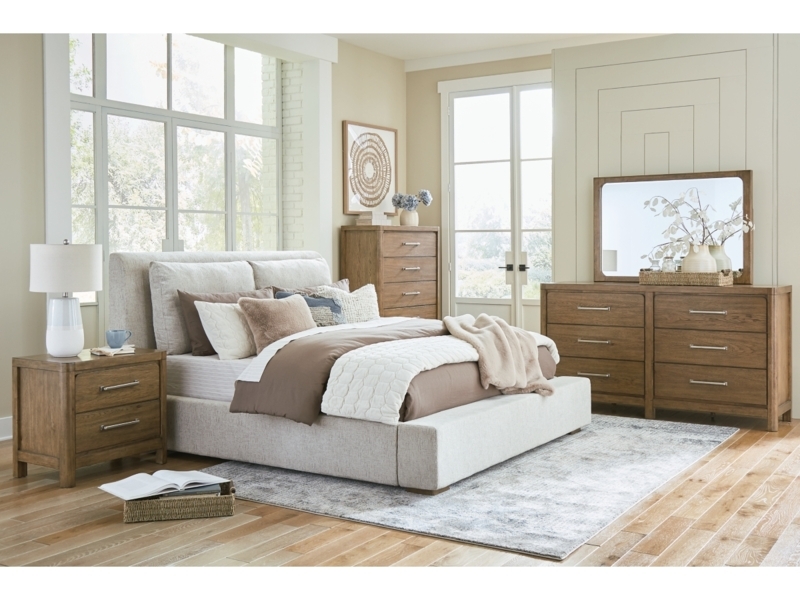 Low Profile Upholstered Bed Frame in Neutral Woven Fabric