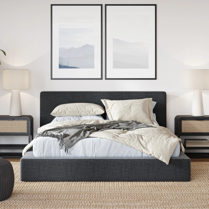 Low-Profile Upholstered Platform Bed with Rounded Corners in Charcoal Fabric