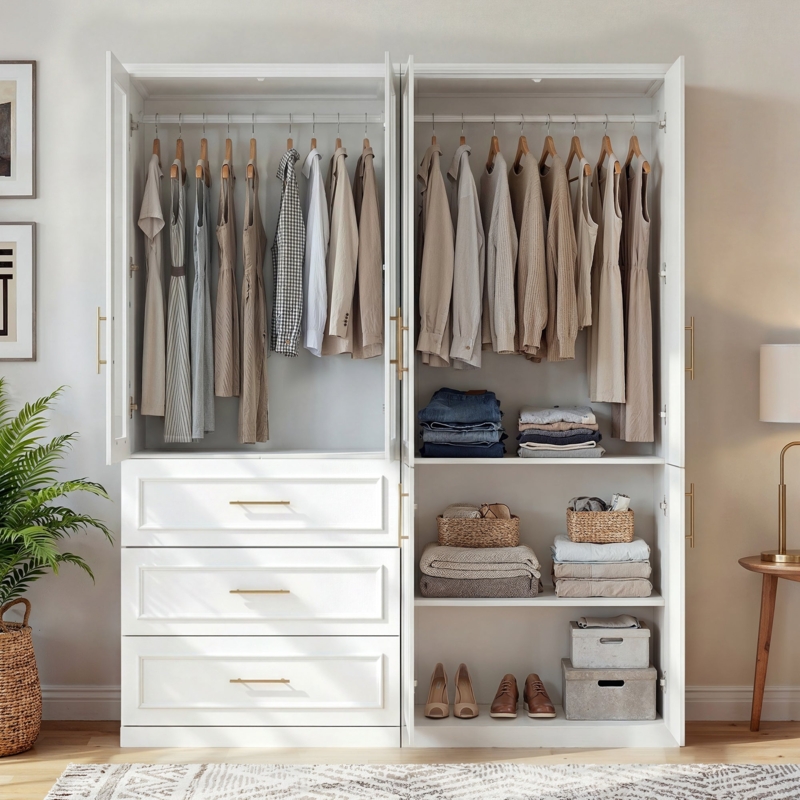 Luxe White Bedroom Armoire with Gold Bar Pulls and Open Shelving